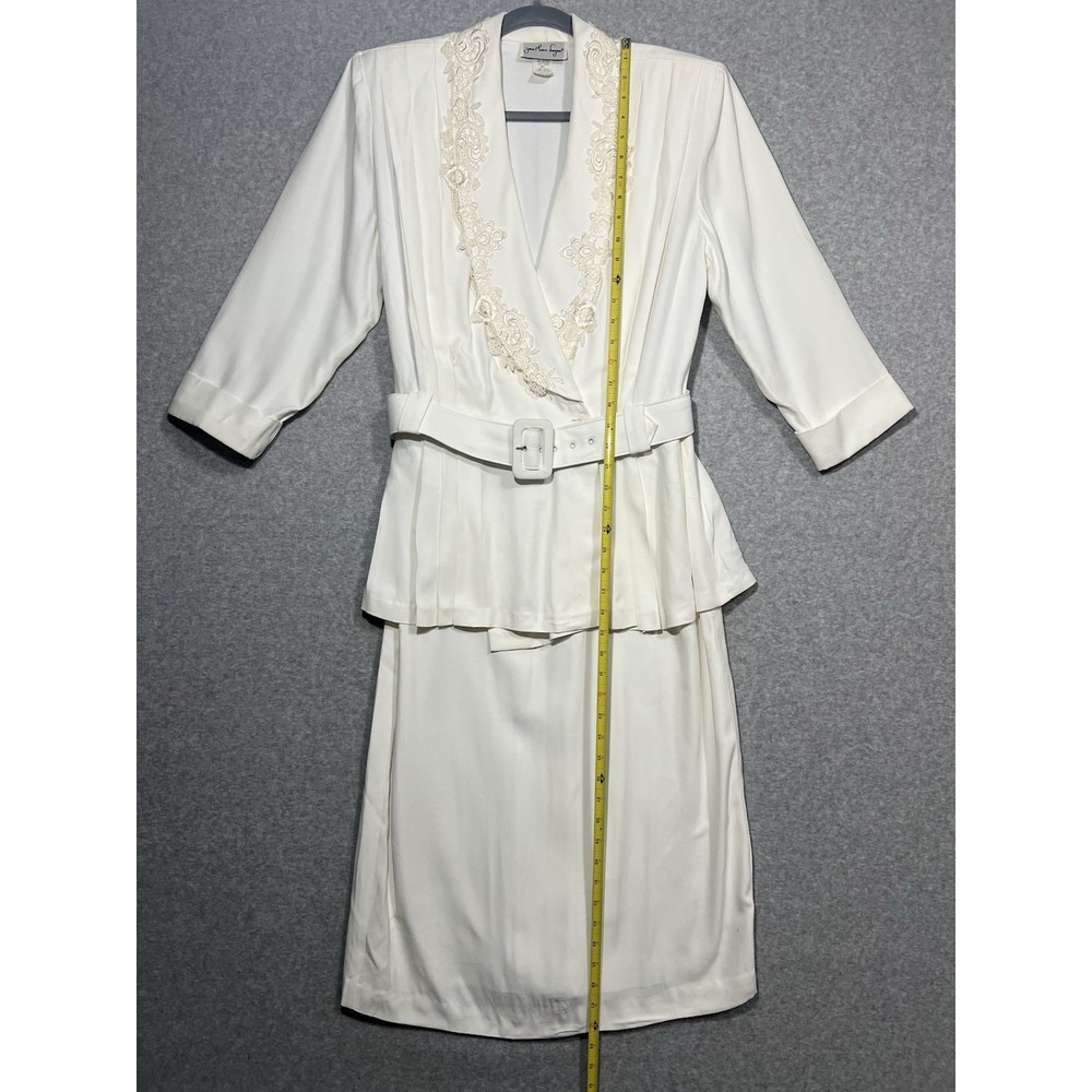 Vintage Ivory Belted Peplum Dress Lace Trim Secretary Bridal Occasion Midi - Picture 6 of 14
